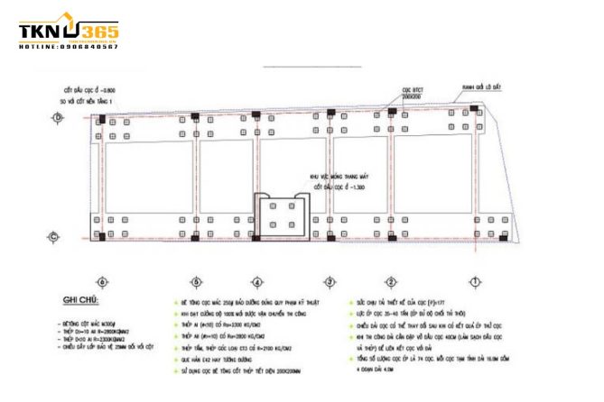 Bản vẽ móng cọc nhà có thang máy