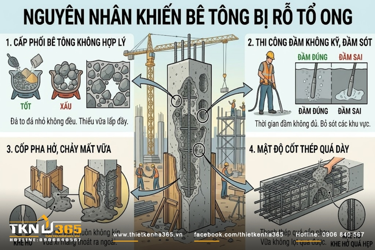 nguyên nhân bê tông bị rỗ tổ ong