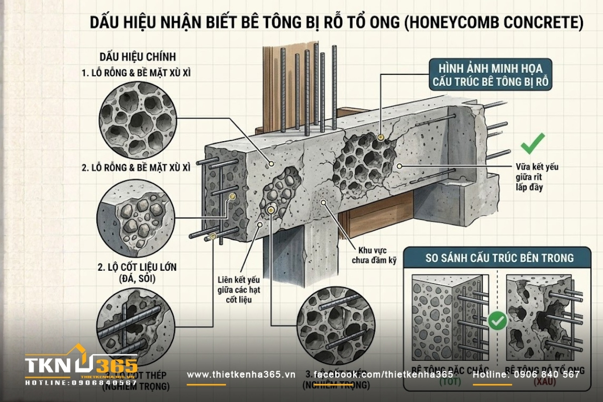 dấu hiệu bê tông bị rỗ tổ ong
